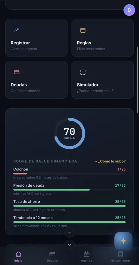 CalFin IA registrando un gasto en el chat — ✓ Guardado